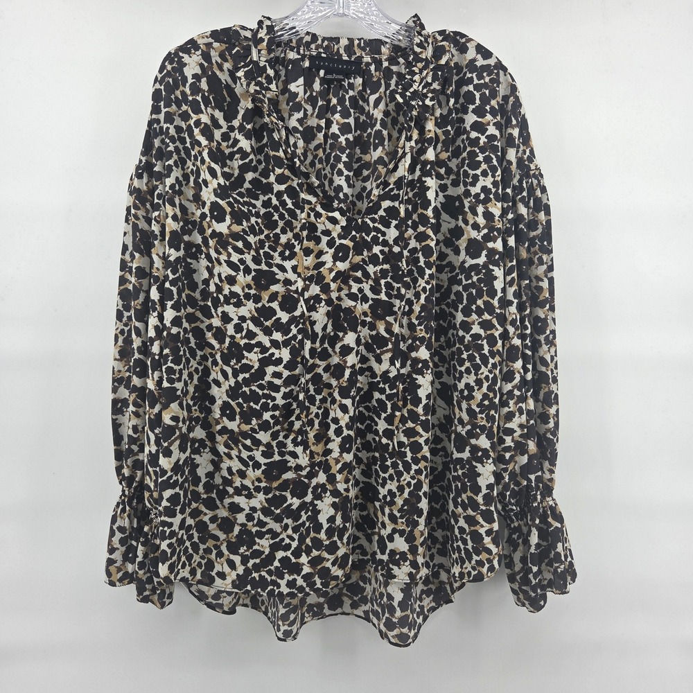 Sanctuary‎ Leopard Print Blouse L Brown Animal Ruffle Tie Neck Boho Chic Top